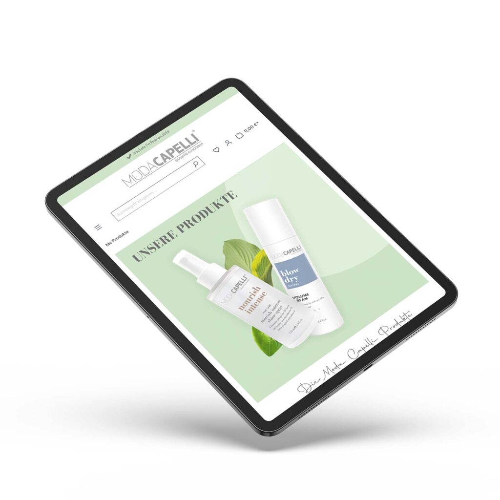 Die Produktübersicht auf einem Tablet von Moda Capelli.