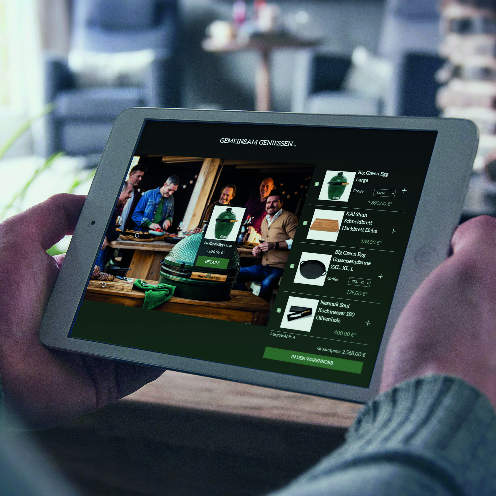 Ein Tablet im Querformat auf dem der Onlineshop von Grillfachwerk angezeigt wird.