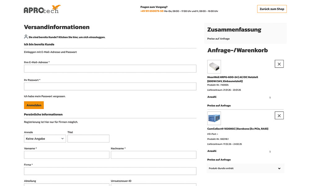 aprotech-webshop-warenkorb-anfrage-versandinformationen